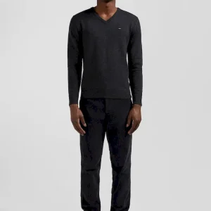 Pull col V en laine et coton gris anthracite demi-lune cerclée coupe Regular