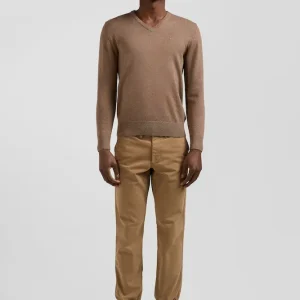 Pull col V en laine et coton camel demi-lune cerclée coupe Regular