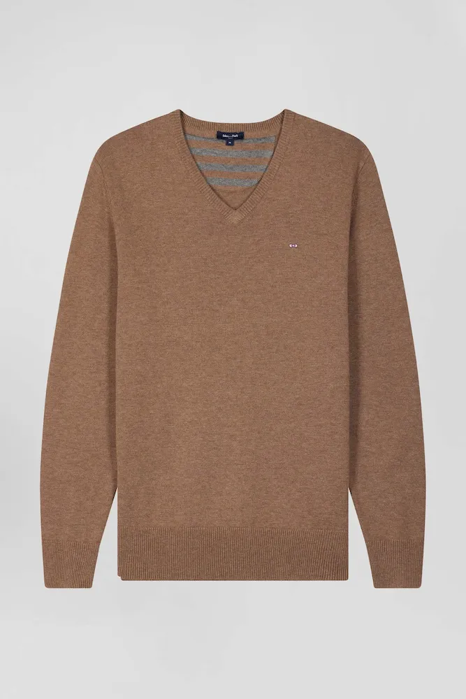 Pull Col V En Laine Et Coton Camel Demi-lune Cerclée Coupe Regular