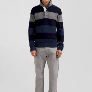 Pull col maillot rayé en laine et coton bleu marine coupe Regular