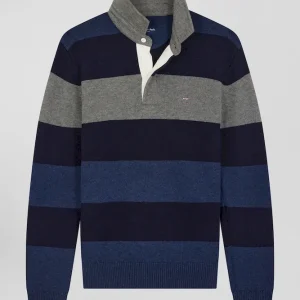 Alternative view of Pull col maillot rayé en laine et coton bleu marine coupe Regular