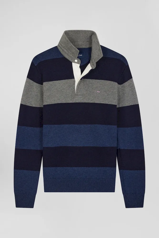 Pull Col Maillot Rayé En Laine Et Coton Bleu Marine Coupe Regular