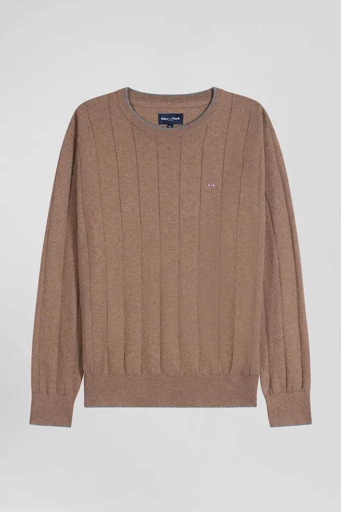 Pull Col Rond En Coton Et Cachemire Marron Coupe Regular
