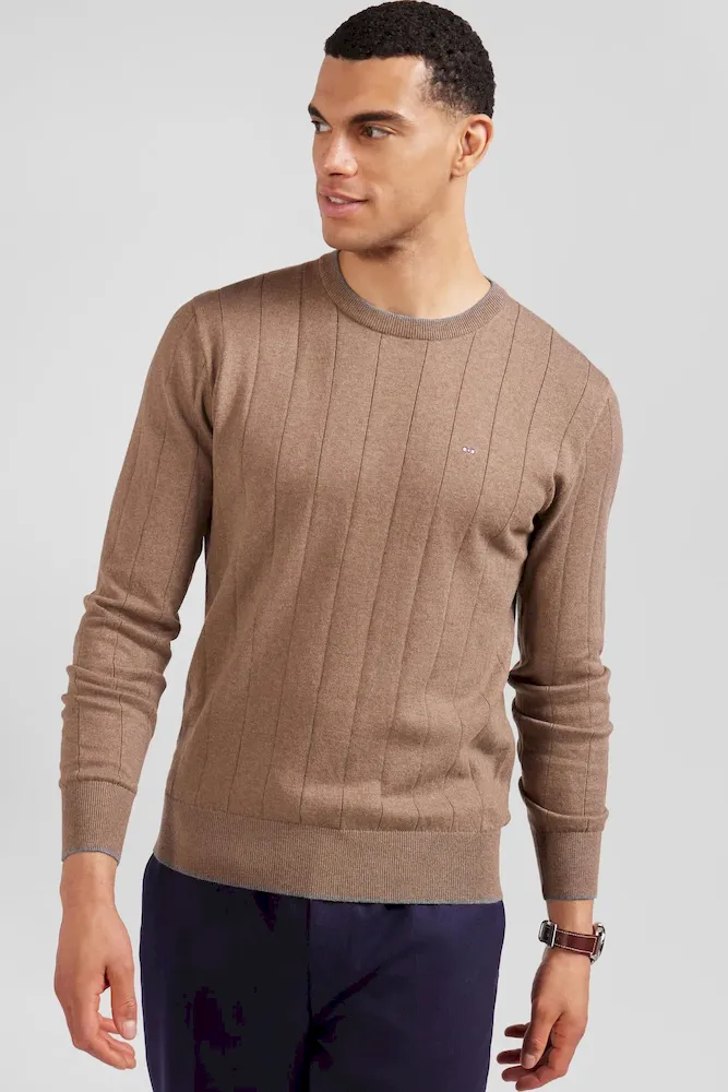 Pull col rond en coton et cachemire marron coupe Regular – Bild 3