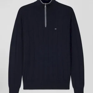 Alternative view of Pull col camionneur en coton et cachemire bleu marine coupe Regular