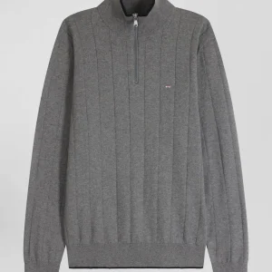 Alternative view of Pull col camionneur en coton et cachemire gris coupe Regular