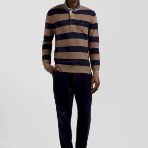 Pull col maillot cerclé en coton et cachemire marron coupe Regular