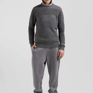 Pull col rond en coton gris à jeux de maille coupe Regular