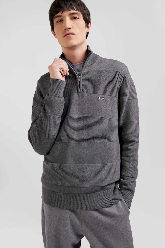 Pull col camionneur en coton gris à jeux de maille coupe Regular – Bild 3