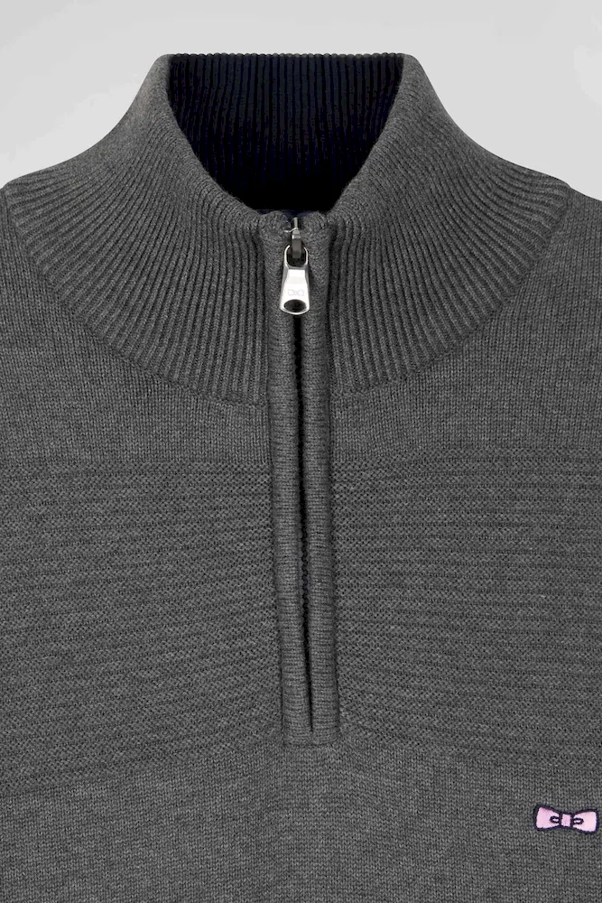 Pull col camionneur en coton gris à jeux de maille coupe Regular – Bild 7