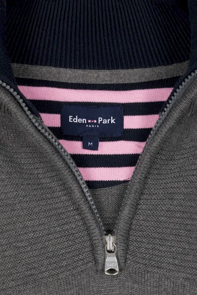 Pull col camionneur en coton gris à jeux de maille coupe Regular – Bild 8