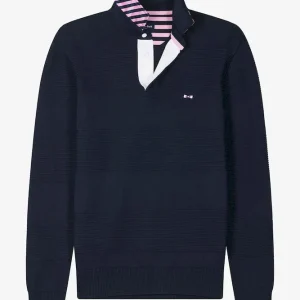 Alternative view of Pull col polo en coton bleu marine coupe Regular