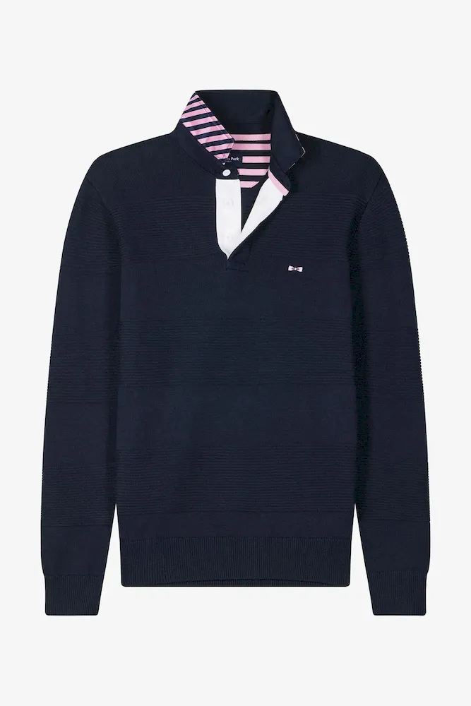 Pull Col Polo En Coton Bleu Marine Coupe Regular