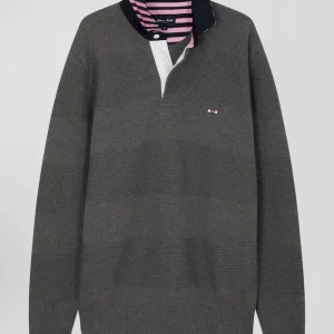 Alternative view of Pull col polo en coton gris anthracite coupe Regular