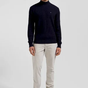 Pull col cheminée en laine et coton bleu marine coupe Regular