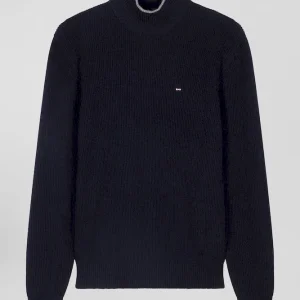 Alternative view of Pull col cheminée en laine et coton bleu marine coupe Regular