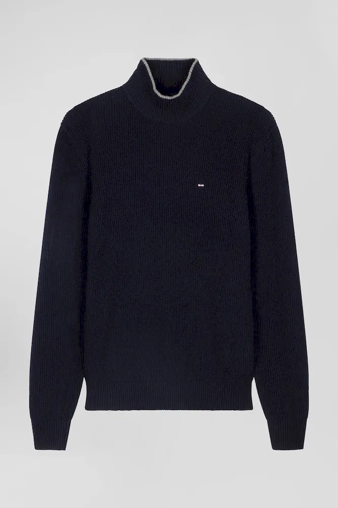Pull Col Cheminée En Laine Et Coton Bleu Marine Coupe Regular