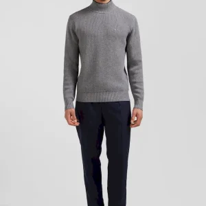 Pull col cheminée en laine et coton gris coupe Regular