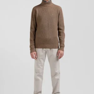 Pull col cheminée en laine et coton marron coupe Regular