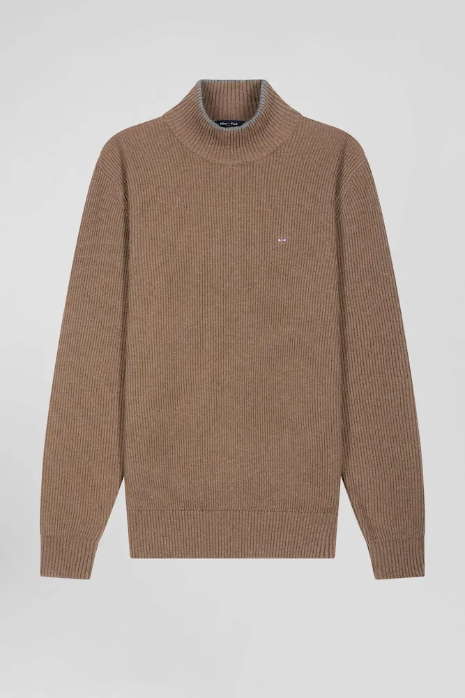 Pull Col Cheminée En Laine Et Coton Marron Coupe Regular