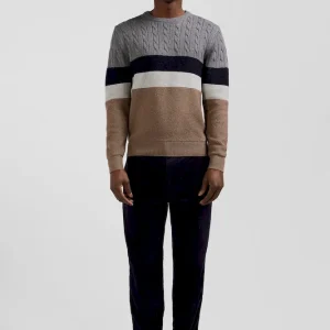 Pull col rond en laine et coton marron à jeux de maille coupe Regular