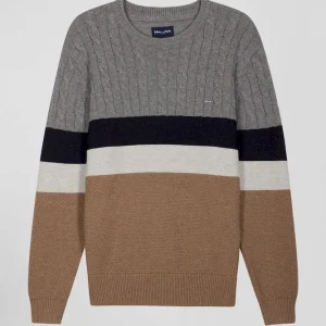 Alternative view of Pull col rond en laine et coton marron à jeux de maille coupe Regular