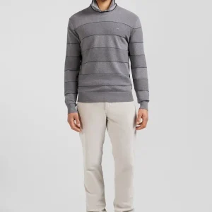 Pull col rond rayé en coton et cachemire gris coupe Regular