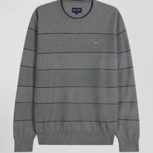 Alternative view of Pull col rond rayé en coton et cachemire gris coupe Regular