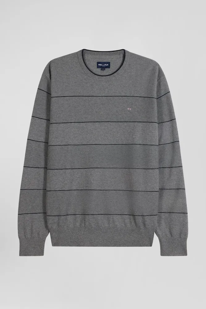 Pull Col Rond Rayé En Coton Et Cachemire Gris Coupe Regular