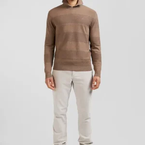 Pull col rond rayé en coton et cachemire marron coupe Regular