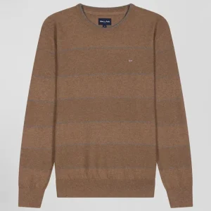 Alternative view of Pull col rond rayé en coton et cachemire marron coupe Regular