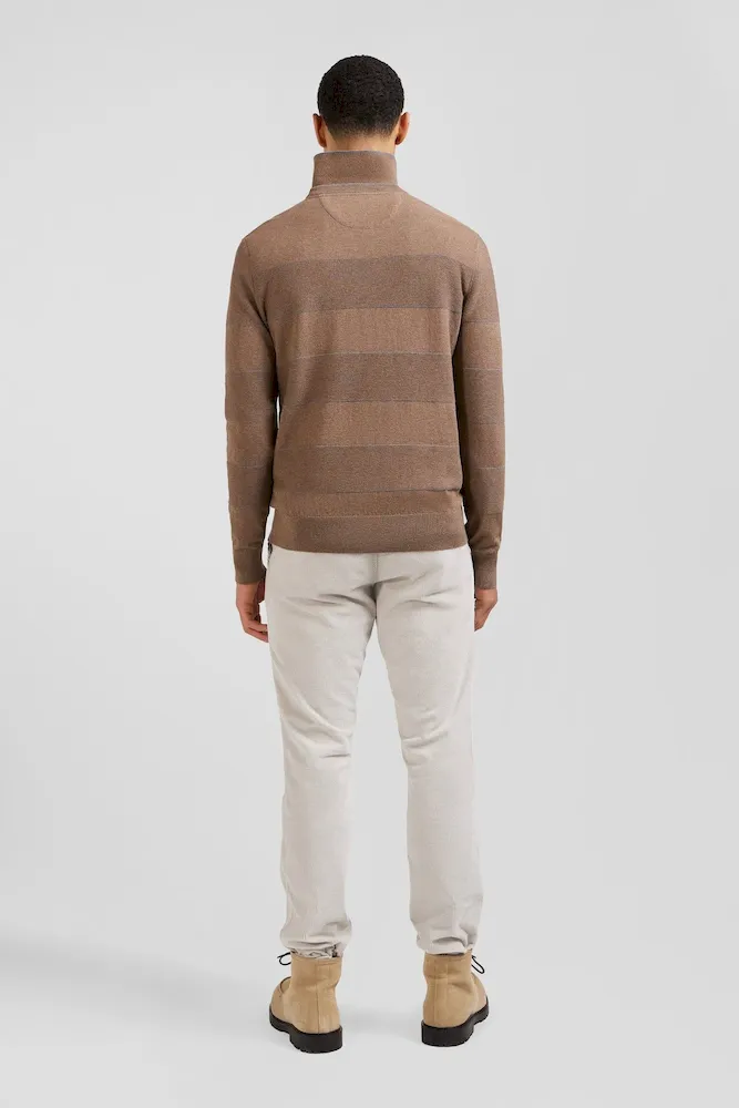 Pull col rond rayé en coton et cachemire marron coupe Regular – Bild 6