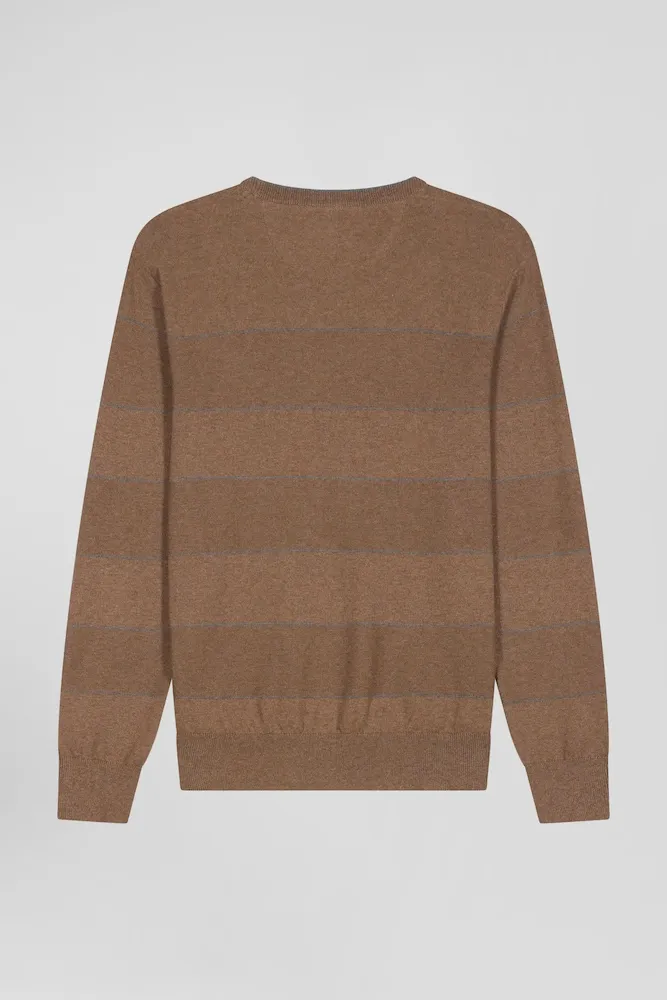 Pull col rond rayé en coton et cachemire marron coupe Regular – Bild 4