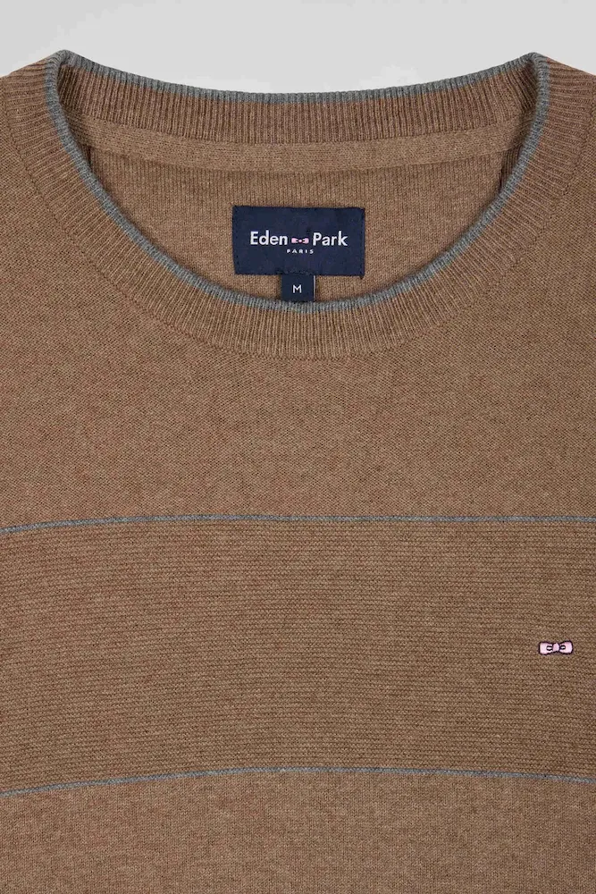 Pull col rond rayé en coton et cachemire marron coupe Regular – Bild 7