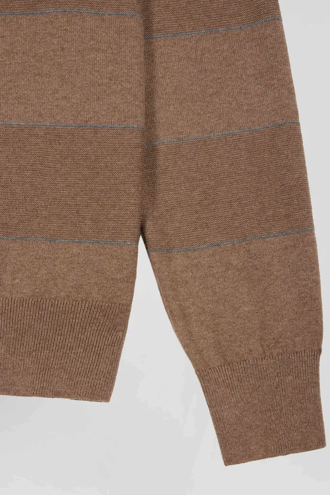Pull col rond rayé en coton et cachemire marron coupe Regular – Bild 8