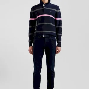 Pull col polo en coton bleu marine rayé coupe Regular