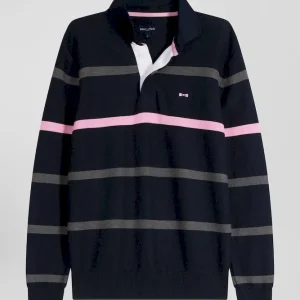 Alternative view of Pull col polo en coton bleu marine rayé coupe Regular