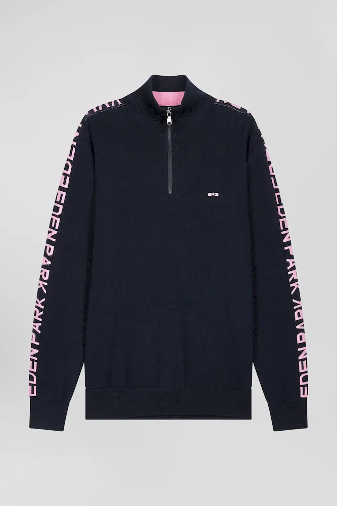 Pull Col Camionneur En Coton Bleu Marine Coupe Regular Bande Jacquard Eden Park