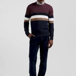 Pull col rond en maille coton fantaisie bordeaux coupe Regular