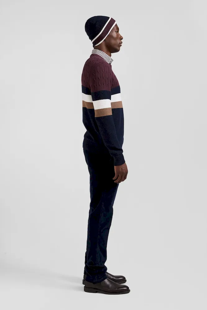 Pull col rond en maille coton fantaisie bordeaux coupe Regular – Bild 5