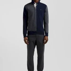 Pull col maillot en coton bleu marine coupe Regular jacquard pied-de-poule