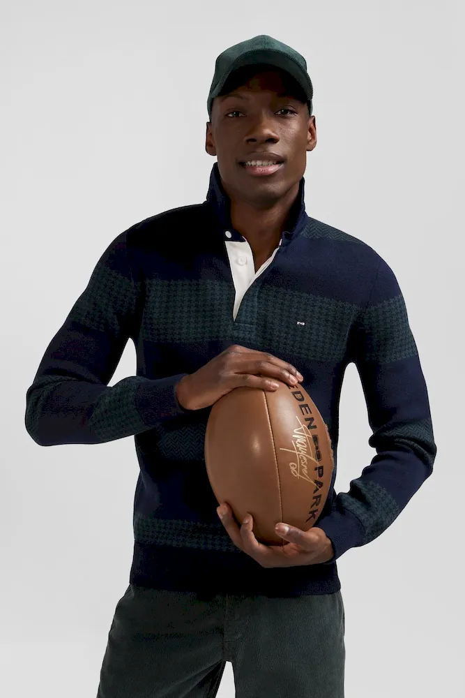 Pull col maillot en coton vert cerclé coupe Regular jacquard pied-de-poule – Bild 3