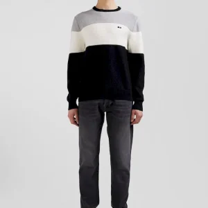 Pull col rond en coton gris et blanc à jeux de maille coupe Regular