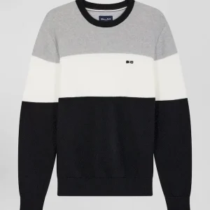 Alternative view of Pull col rond en coton gris et blanc à jeux de maille coupe Regular