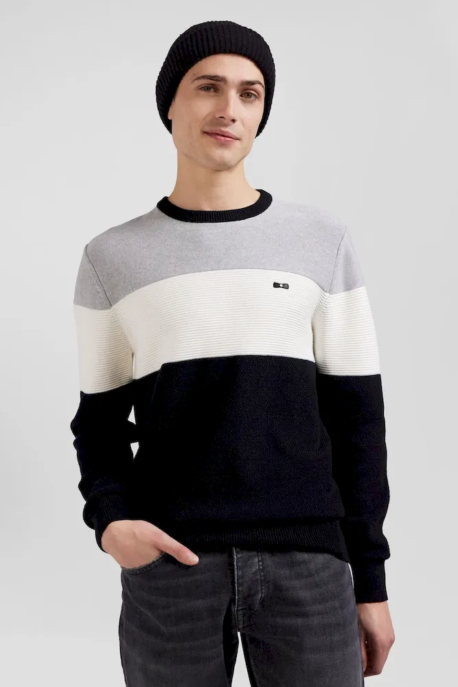 Pull col rond en coton gris et blanc à jeux de maille coupe Regular – Bild 3