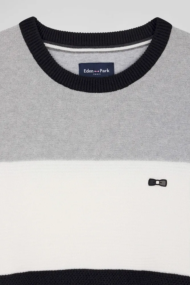 Pull col rond en coton gris et blanc à jeux de maille coupe Regular – Bild 7