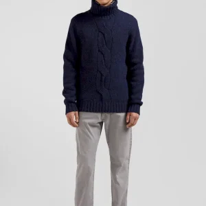 Pull col roulé en laine vierge et polyamide recyclé bleu marine coupe Regular