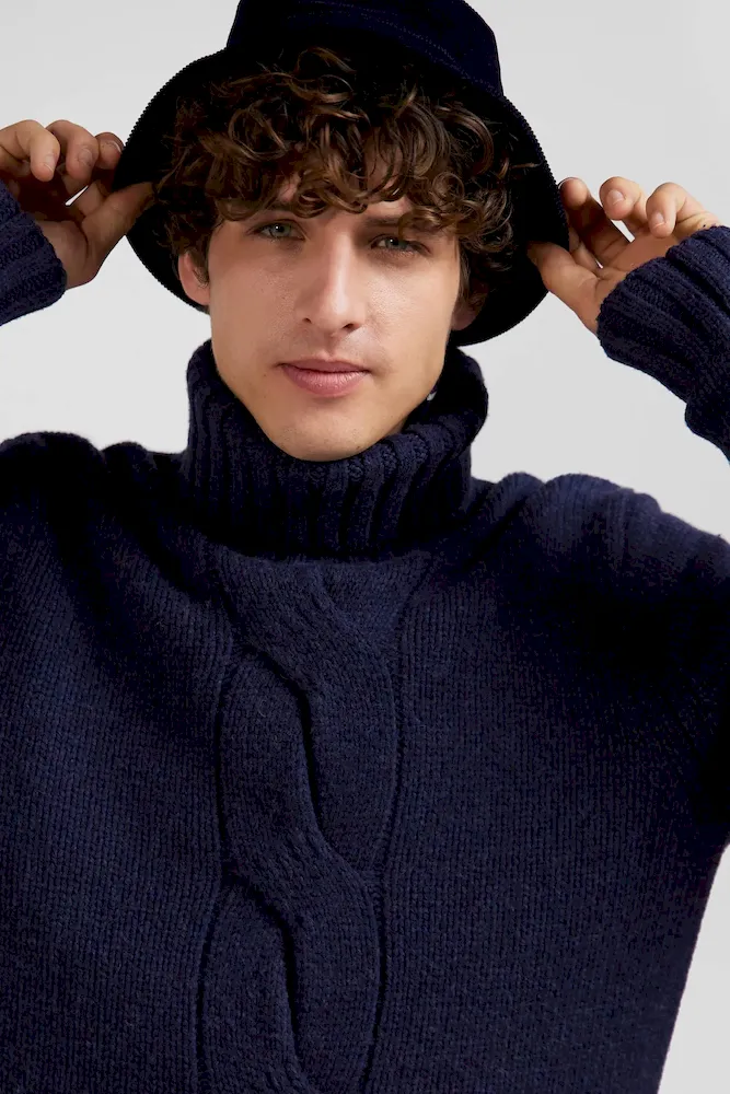 Pull col roulé en laine vierge et polyamide recyclé bleu marine coupe Regular – Bild 3