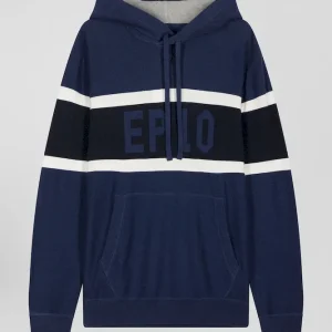 Alternative view of Pull à capuche en coton bleu foncé jacquard EP10 coupe Regular