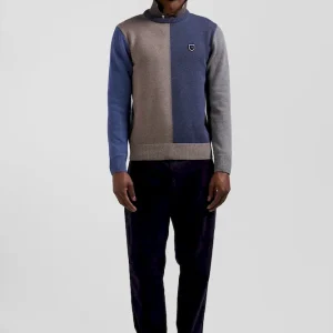Pull col rond colorblock en coton bleu chiné et marron coupe Regular